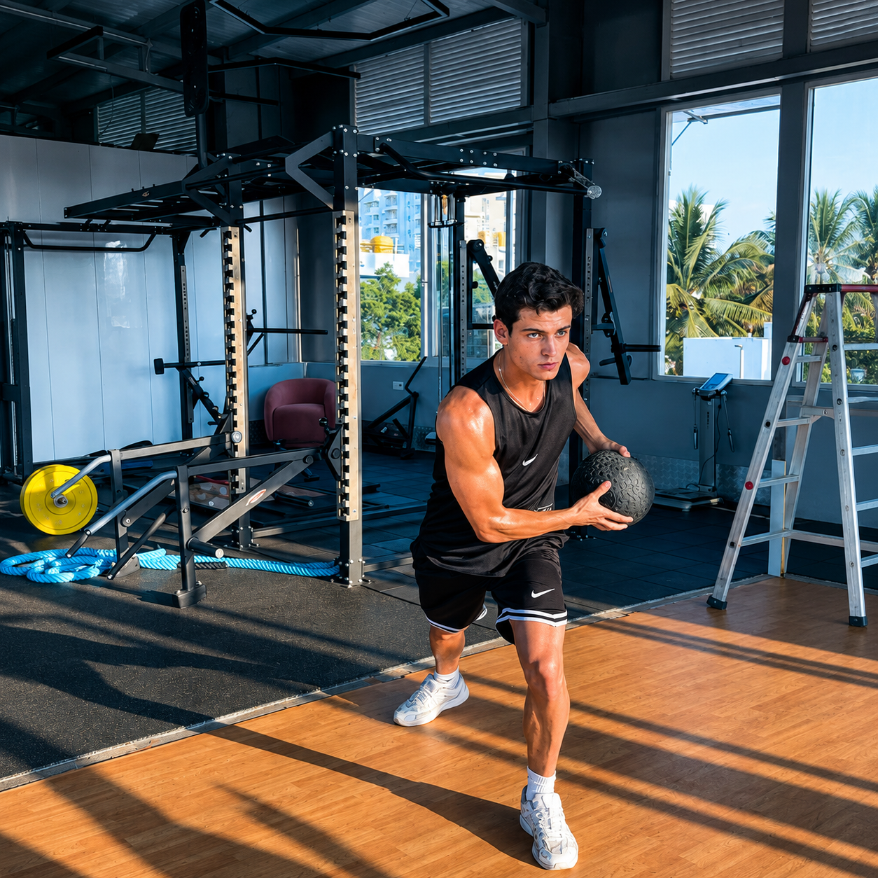 CrossFit rig with pull-up bars and gymnastic rings, industrial ceiling, athlete silhouette, dark dramatic gym environment